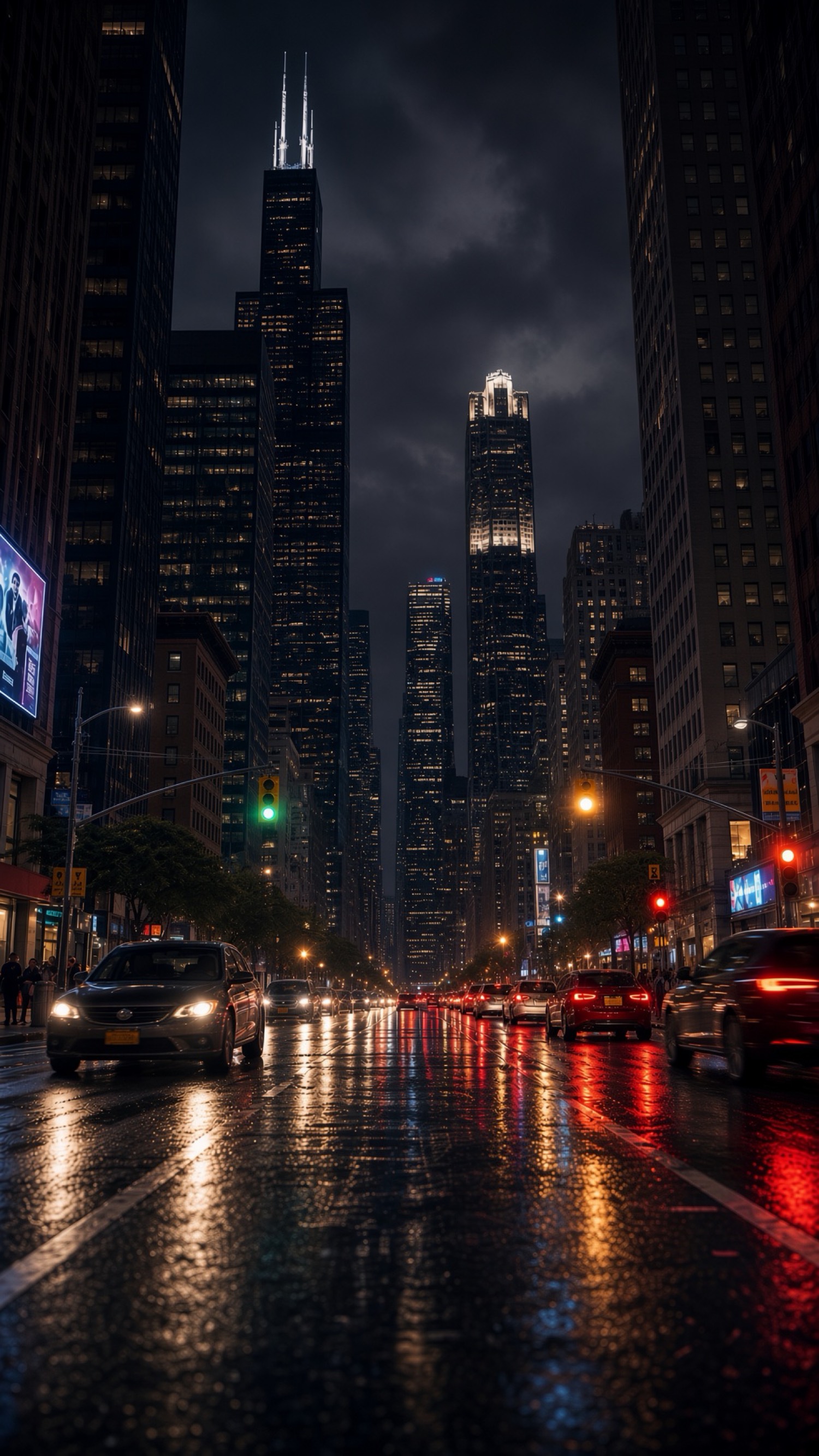 Rain-wet Chicago street at night, Willis Tower and the Loop rising through traffic light.