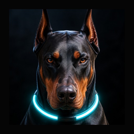 Doberman with a glowing AI collar — the ProLead hunting dog.