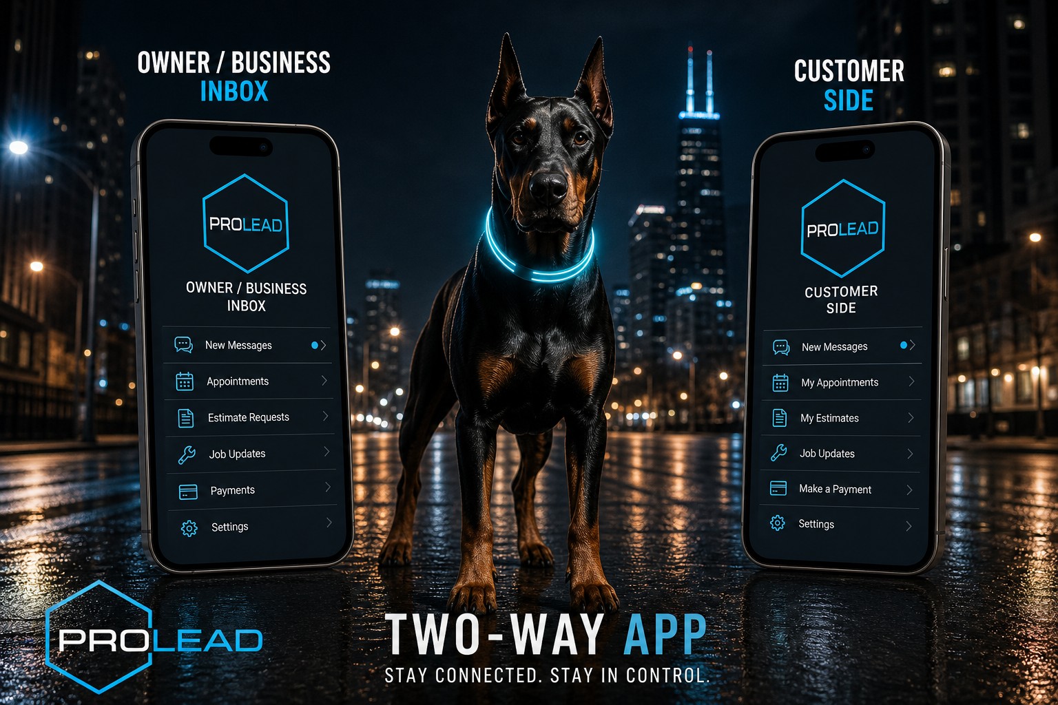 ProLead two-way app: owner business inbox on one phone, customer side on the other, Doberman between them on a wet Chicago night street.